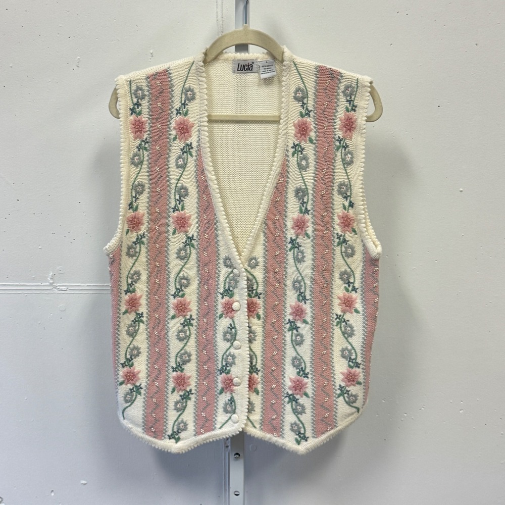 Lucia Vintage Floral Embroidered Crochet Knit Button Vest Sweater Large Pearls